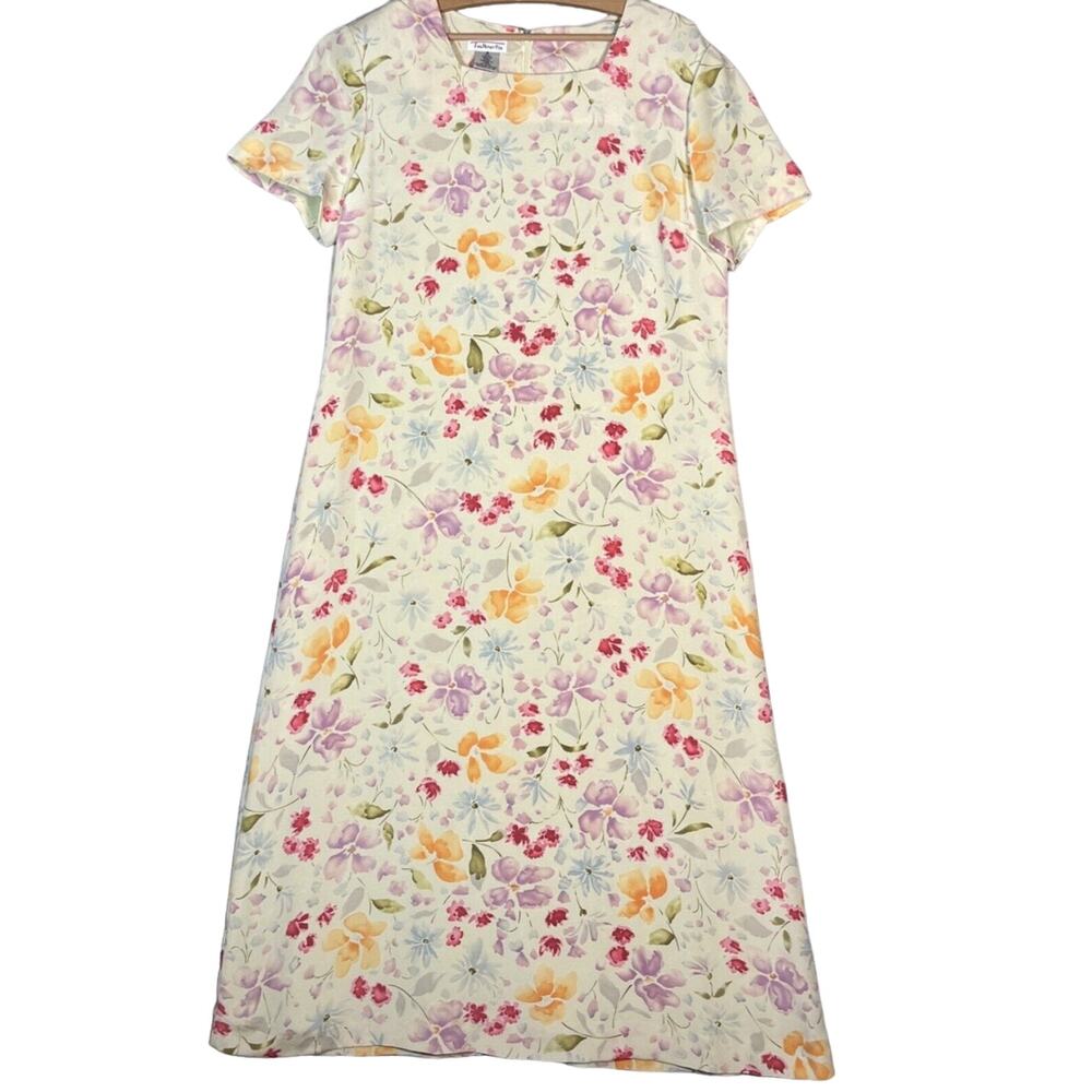 Talbots Vintage 100% Silk Yellow Floral Short Sleeve Midi Zip up Dress in 14P